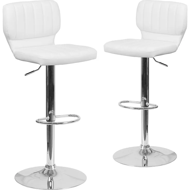 Flash Furniture Moderner Barhocker, höhenverstellbar, mit vertikaler Naht auf der Rückseite und Chromfuß, 2 Stück, Sperrholz, Metall, Schaumstoff, Chrom, Weißes Vinyl, 2er-Set
