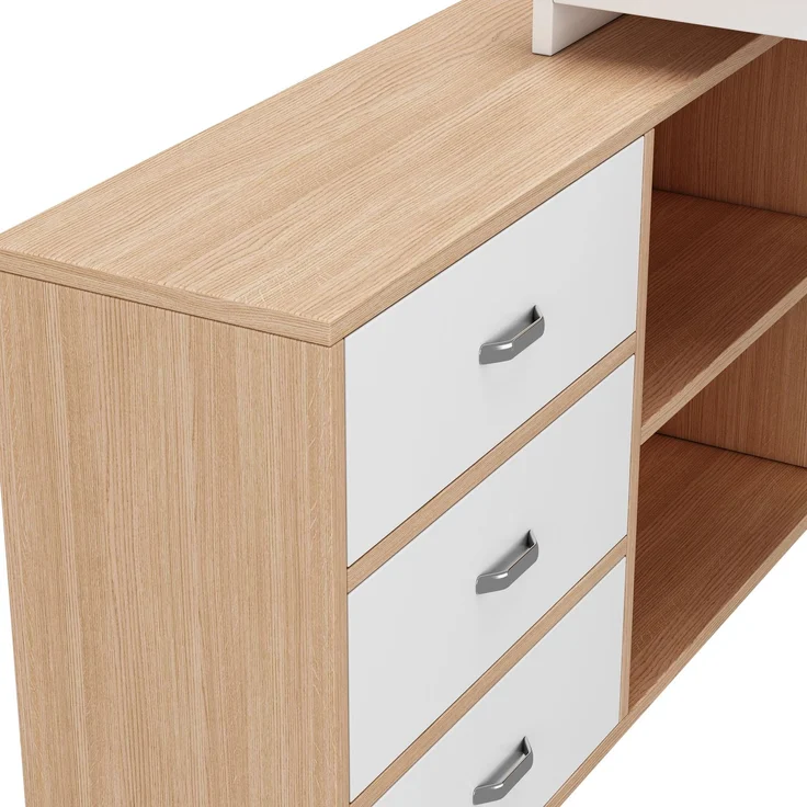 Flieks L-Form Schreibtisch 147×100×75.3 cm, Bürotisch mit 3 Schubladen & 2 offenen Ablagefächern, massiver Stahlrahmen, Naturholzfarbe & Weiß – Bild 8