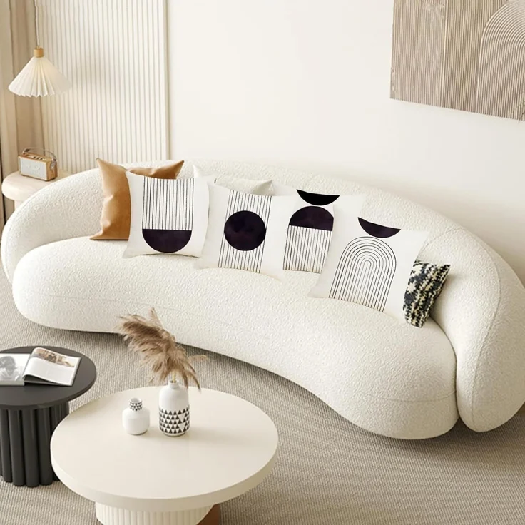 Kissenbezüge 45×45 cm 4er-Set Boho Schwarz/Beige, Mid-Century Arch Sun, Baumwoll-Leinen, Sofa Deko – Bild 5
