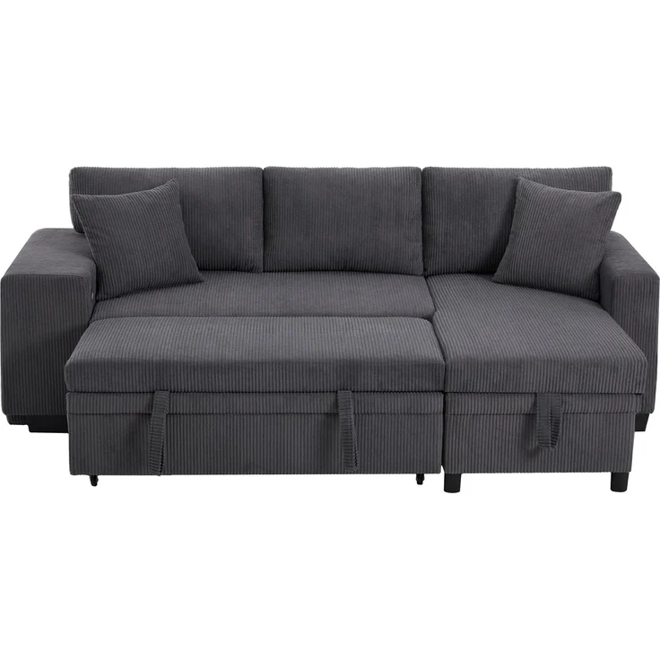 Merax Klappsofa mit Schlaffunktion, L-förmiges umbaubares Ecksofa mit USB-Ladeanschluss und Kissen, 3-Sitzer-Umbausofa mit Seitenablagen und Stauraum, Grau – Bild 9