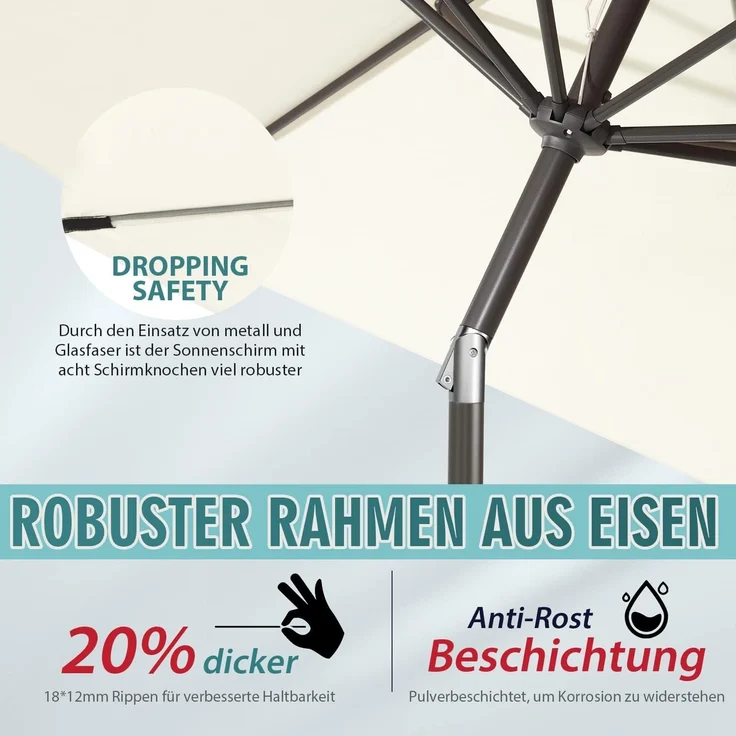 Sekey 270cm Sonnenschirm mit Kurbel und Auto Kippen,Marktschirm für Terrasse,Balkon & Garten,Windfest Stabil UPF 50+,Graubeige,Rund – Bild 5