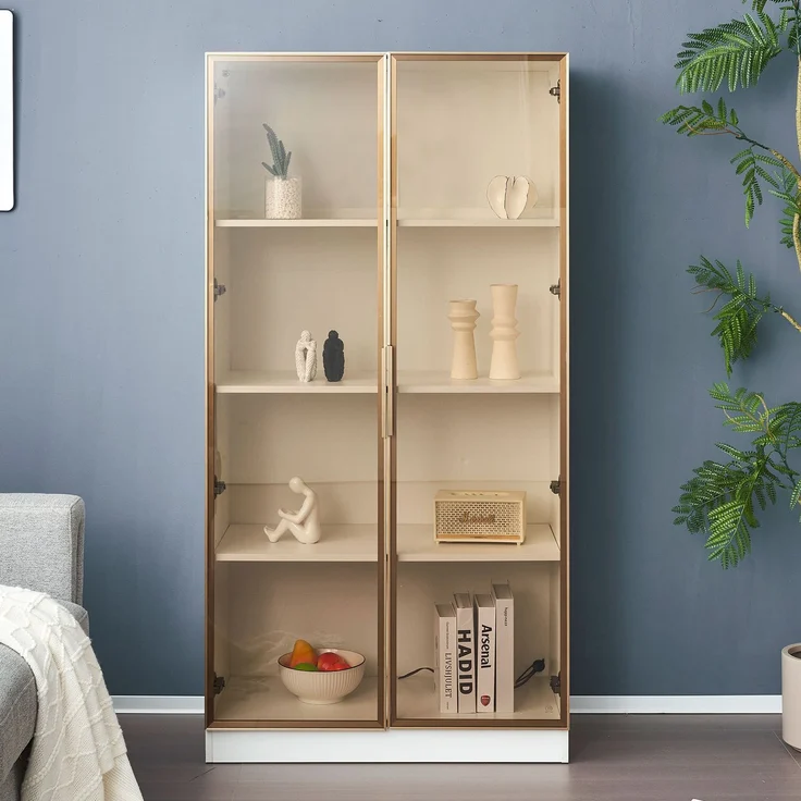 Glasvitrine mit LED-Beleuchtung, doppeltürige Vitrine mit beweglichen Einlegeböden, 80*40*160cm,Hochschrank für Wohnzimmer, Standvitrine,Badezimmerschrank--Weiß--80x40x160cm--YOUDENOVA – Bild 6