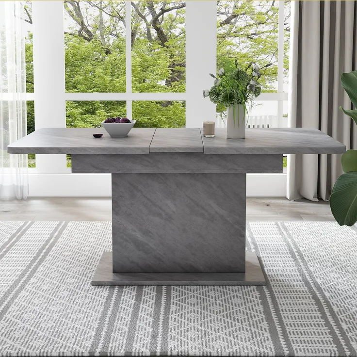 Ausziehbarer Esstisch mit Stauraum, Eisenrahmen und Betonoptik-Platte, 130x70x75 cm