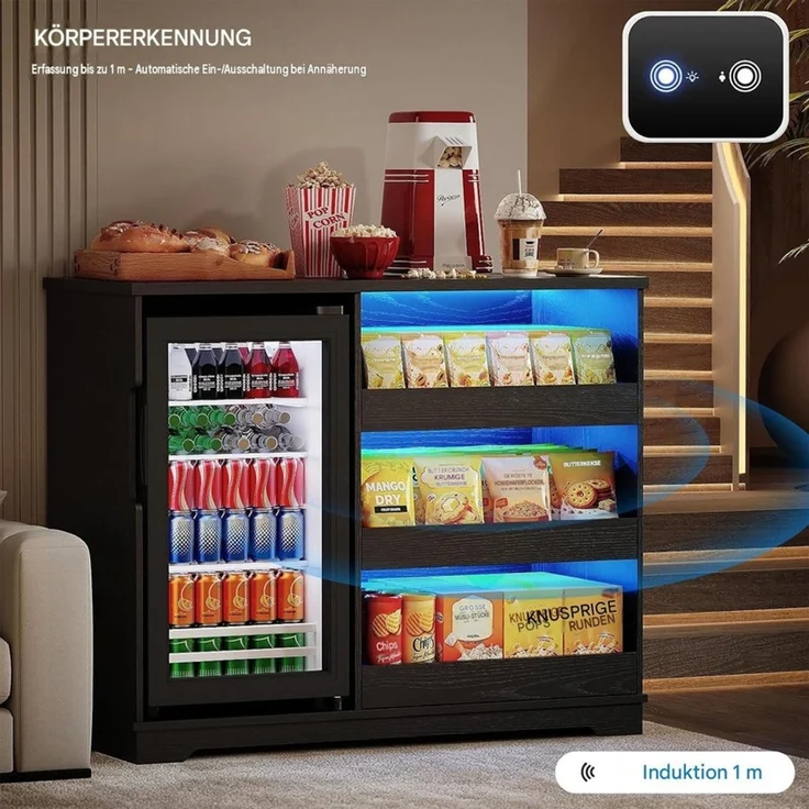 Snackschrank 100x43.5x83 cm mit 92L Kühlschrank, LED-Beleuchtung und Stauraum, Schwarz – Bild 2