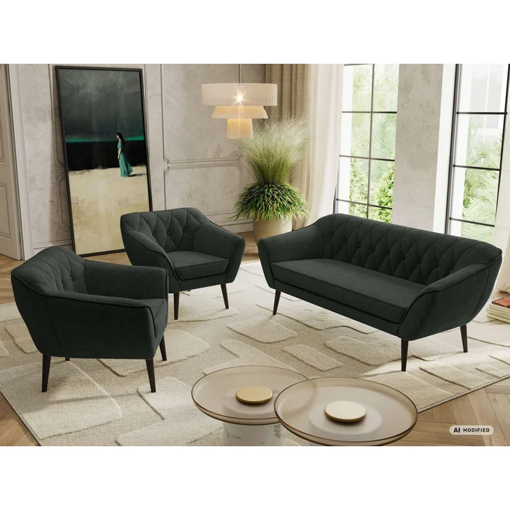 Wohnzimmerset PIRS 1-1-3, Skandinavisches 3-Sitzer Sofa mit Sesseln, Sofa mit Wellenfederung, schwarze Füße, Skandinavisches Möbelset - Dunkelgrau Stukture – Bild 5