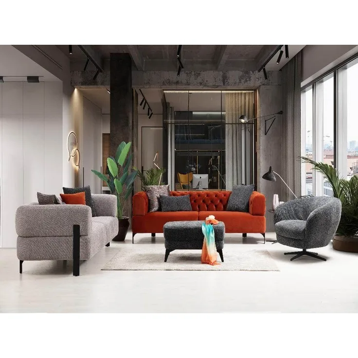 Sitzgruppe/Sofa Set - Wohnzimmergarnitur "Calluna" 3+3+1+1-Grau/Orange