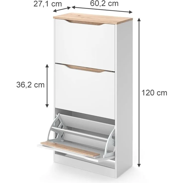 Schuhkipper Ruben Weiß/Artisan-Eiche 60.2 x 120 cm mit 3 Kippfächern Vicco – Bild 2