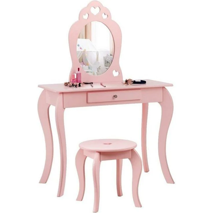 COSTWAY Kinder Schminktisch mit Hocker und abnehmbarem Spiegel, Holz pink, 34 x 70 x 105 cm – Bild 4
