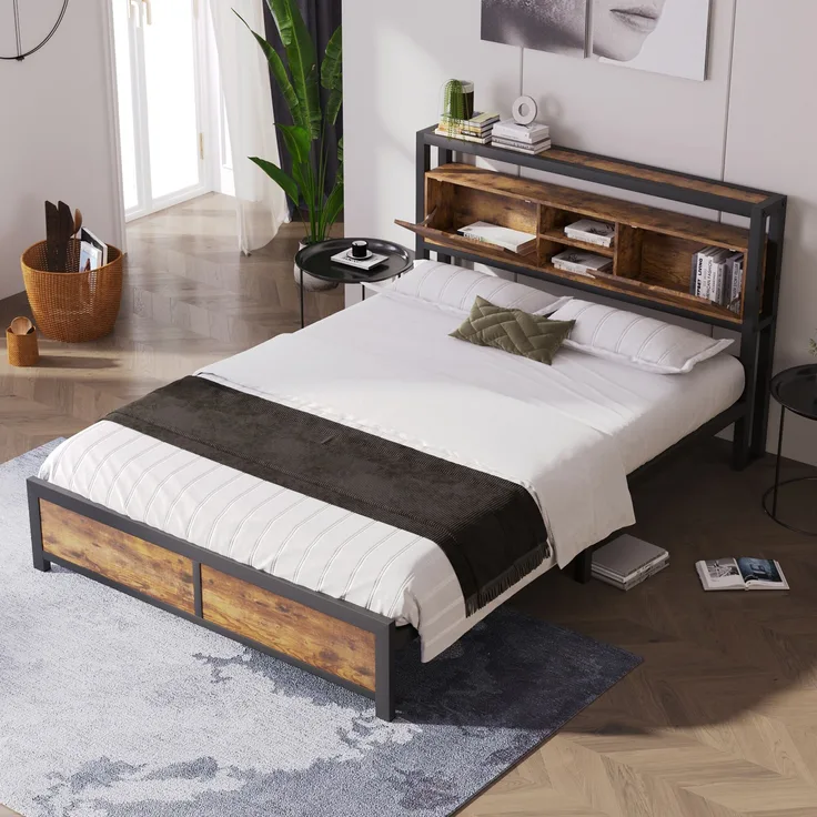 Metallbett mit Stauraum-Kopfteil & Metallgestell, 145x216x100 cm, Natural, ohne Matratze