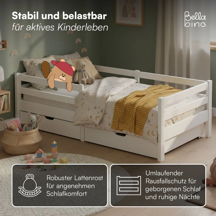 Bellabino 'Iskri' Kinderbett 90x200 cm mit 2 Schubladen inkl. Matratze, weiß, Massivholz Kiefer, Jugendbett mit Rausfallschutz und Lattenrost – Bild 4