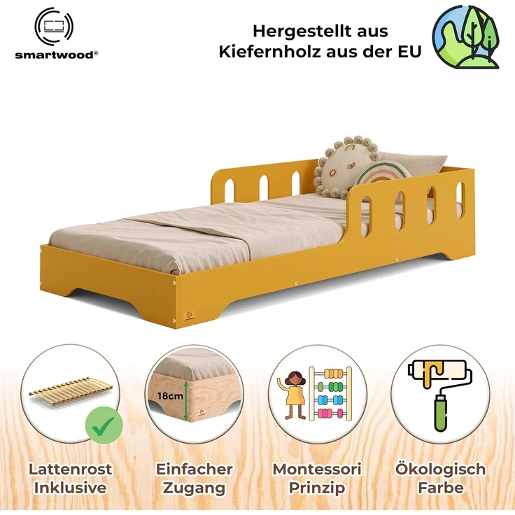 smartwood Kinderbett 80x160 cm in Gelb - Montessori Bodenbett mit Rausfallschutz & Lattenrost - Aus handbemaltem Sperrholz - Sicher für Jungen und Mädchen - Einfache Montage - TILA 6 – Bild 3