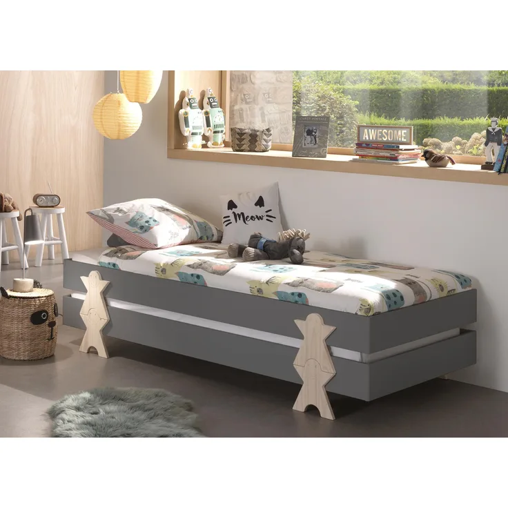 Vipack Modulo Art. Set best. aus 2 Einzelbetten/Stapelbetten je 90x200 cm Liegefläche, grau lackiert, Fuß Smileystern-Optik Kiefer natur lackiert