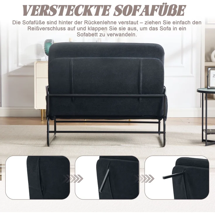 ZUBALIYA Schlafsofa 85x92 cm, mit Stauraum, mit Chenille - Bezug, mit breiten Armlehnen, mit Schaumstoffpolsterung, Schwarz – Bild 7