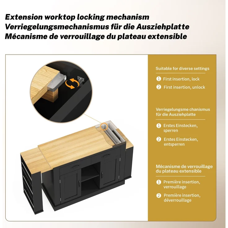 Merax 340cm Kücheninsel mit zwei ausziehbaren Arbeitsflächen,stilvolle mobile Insel,verstellbare Regalböden,2x220V-Steckdosen,2xUSB-Anschlüsse, Schwarz – Bild 8