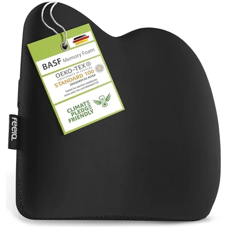 feela.® Ergonomisches Rückenkissen für Auto- und Bürostühle | Gedächtnisschaum-Lordosenstütze mit verstellbaren Gurten, Schwarz