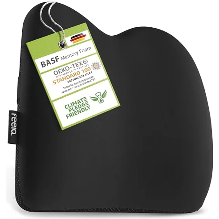 feela.® Ergonomisches Rückenkissen für Auto- und Bürostühle | Gedächtnisschaum-Lordosenstütze mit verstellbaren Gurten, Schwarz – Bild 1
