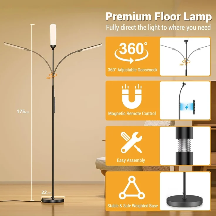 YICAIZI Stehlampe Wohnzimmer - 18W LED Dimmbar Stehende Lampe mit Fernbedienung, 1200Lumen Stehend Leselampe mit 4 Farbtemperaturen & 4 Helligkeiten für Schlafzimmer, Büro, Schwarz – Bild 7