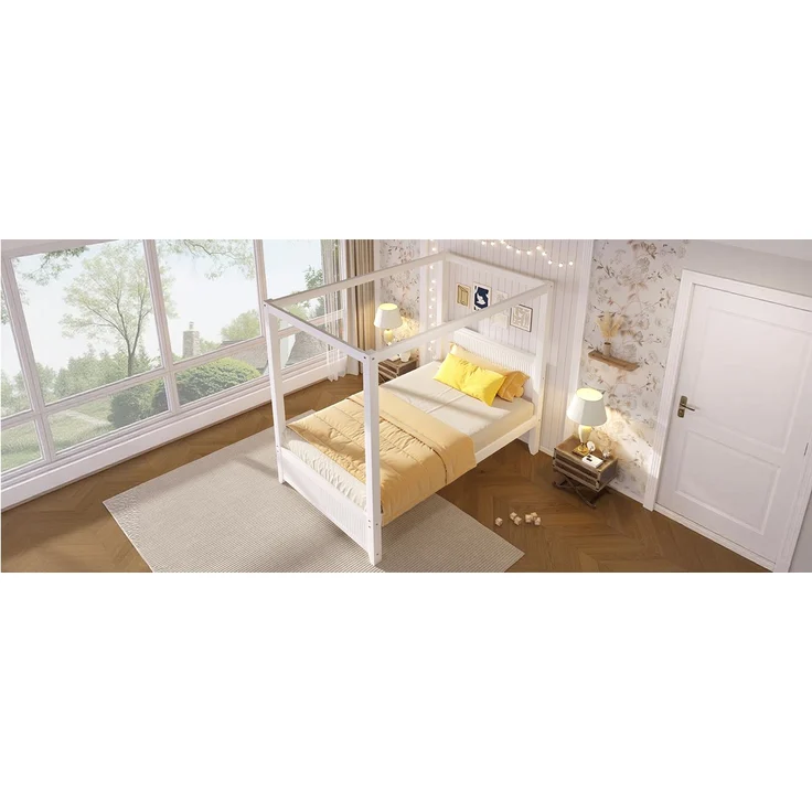 ZUBALIYA 90x200cm Himmelbett aus Holz mit dekorativem Dachrahmen und vertikalen Lamellen am Kopf- und Fußteil, Weiß – Bild 8