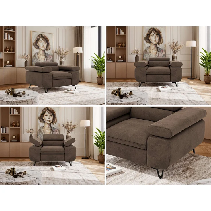 Einzelsessel, Polstersessel PETER mit verstellbaren Armlehnen und Kopfstütze, 1-Sitzer Sofa, Ohrensessel, Wellenfeder - Braun Velvet – Bild 2