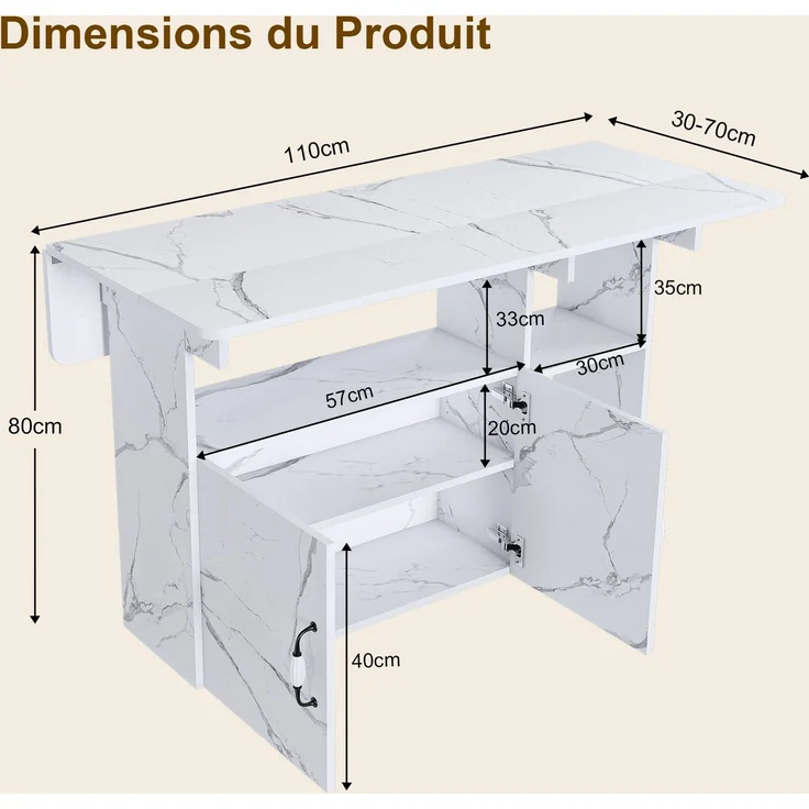 Rechteckiger klappbarer mobiler Esstisch 110x70x80 cm, multifunktional mit 5 Ablageböden und 5 Lenkrollen (4 feststellbar), platzsparend für Küche, Wohnung, Büro, Studentenheim, Weißmarmoroptik--Weiß--110x70x80cm--YOUDENOVA – Bild 6