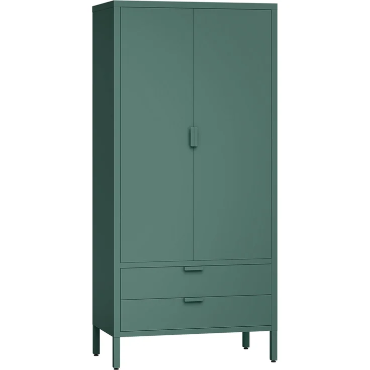 skølm 'Ituri' Kleiderschrank mit 2 Schubladen, Metall, 170x45x80 cm, dunkelgrün, Garderobe mit 4 Fächern und 2 Kleiderstangen – Bild 2