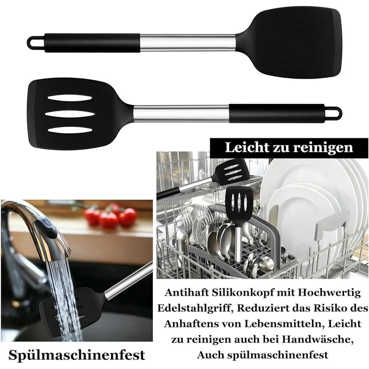 Homikit Silikon Pfannenwender Set Schwarz Edelstahlgriff 2er Kochbesteck – Bild 4