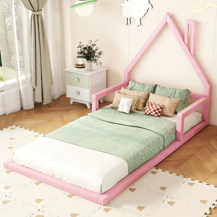 Bett 90x200 cm Hausform aus Kiefer massiv in Rosa – kindgerechtes, schlichtes Design – Bild 3