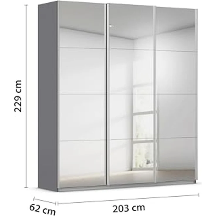 Rauch Möbel Kulmbach, Kleiderschrank mit Schwebetüren für Schlafzimmer, Kinderzimmer, Jugendzimmer, Garderobe, Flur, 3-türig, mit Spiegel, Zubehör Classic, Farbe Grau metallic, Schwarz, Breite 203 cm – Bild 3