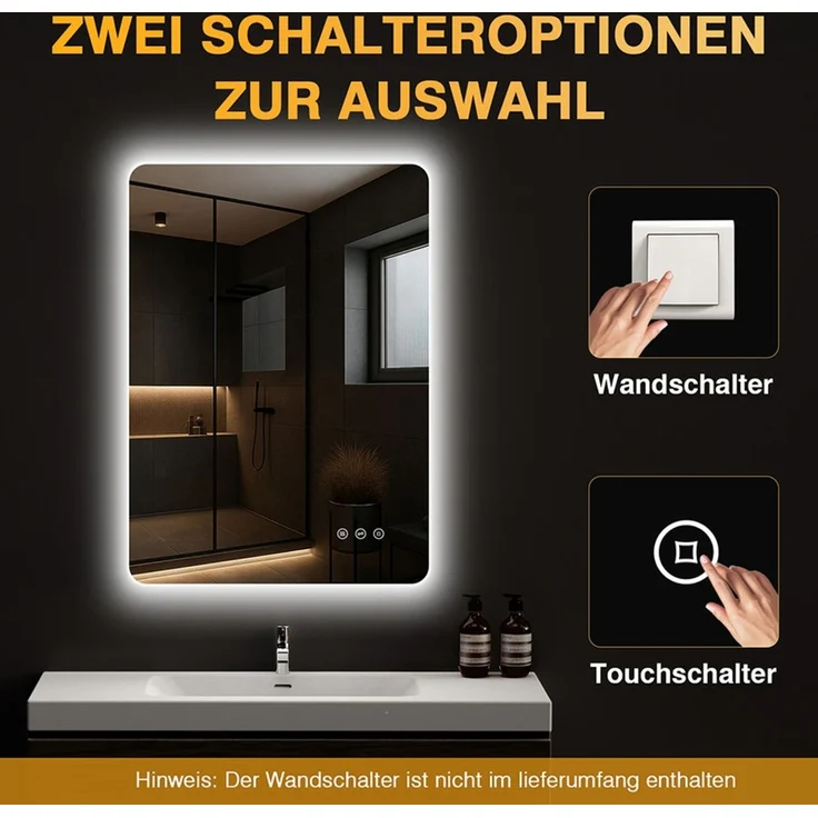 PESENXAN LED Badezimmerspiegel 100x60 cm, rechteckiger Wandspiegel mit Beleuchtung, 3 Lichtfarben, dimmbar, Anti-Beschlag, Memory-Funktion, Touch-Schalter, IP44, Schwarz – Bild 4