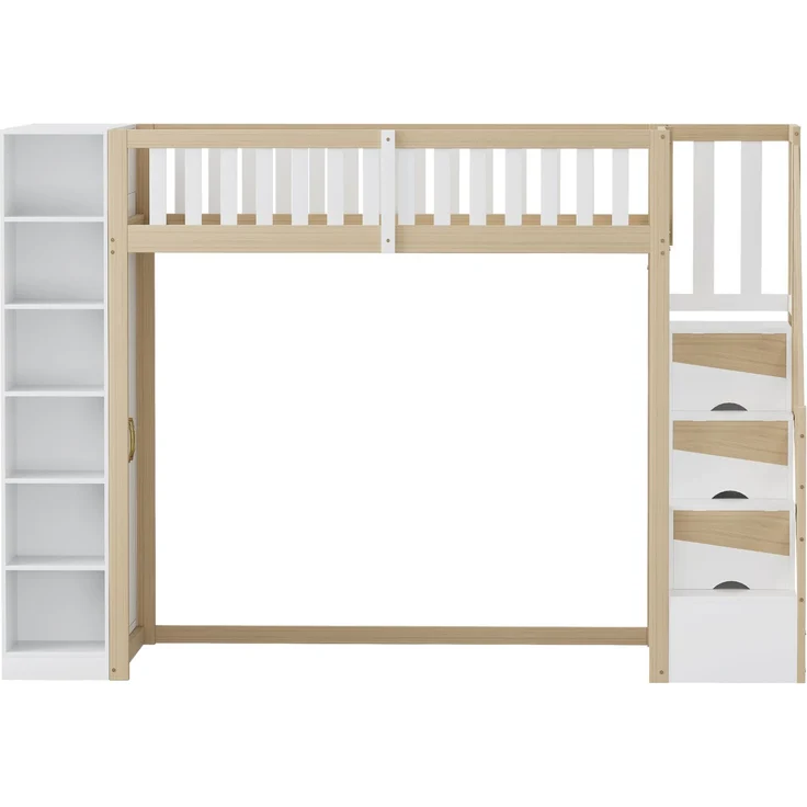 Merax Hochbett mit Regalen, Stauschrank, großem Kleiderschrank und Sicherheitsleiter mit Ablagefächern, Holz natur / weiß, 90x200 cm – Bild 7