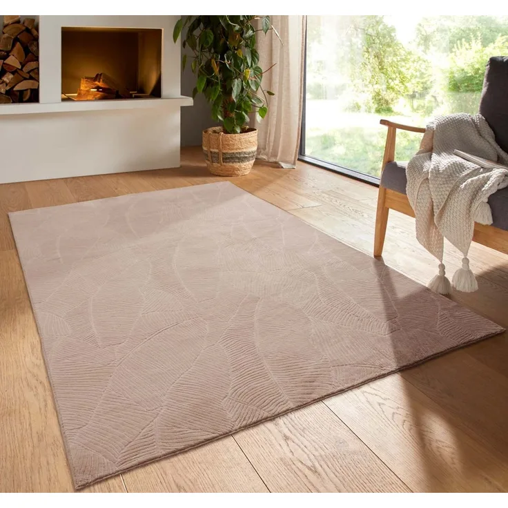TaraCarpet Teppich TaraCarpet Homestyle 391 Blätter, rund, Höhe: 10 mm, Felloptik hoch-tief weich waschbar floral beige 80x80 rund