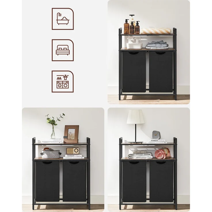 Vasagle Wäschekorb mit 2 Fächer, Metallgestell Vintagebraun/Schwarz, 2x46 L / 73 x 33 x 91 cm – Bild 4