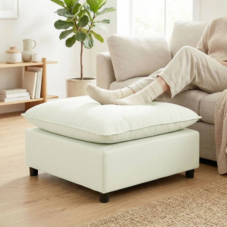 MELAYR, Fußhocker moderner Stoff-Ottomane mit Kunststoffbeinen für Wohnzimmer und Schlafzimmer, 75 cm, Cremeweiß – Bild 3