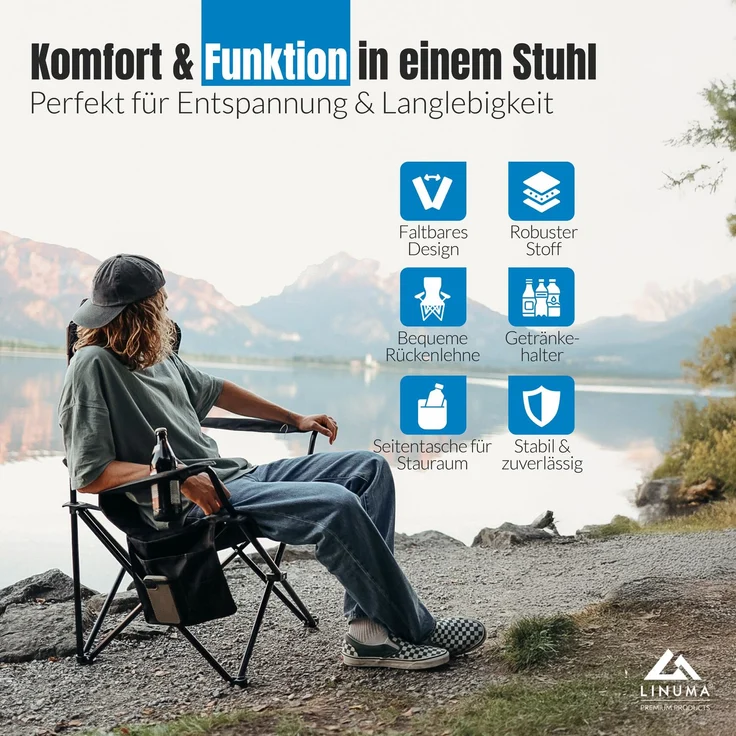 LINUMA® Luxus Faltstuhl PRO SCHWARZ Campingstuhl Anglerstuhl mit Getränkehalter & Tragetasche – Bild 8