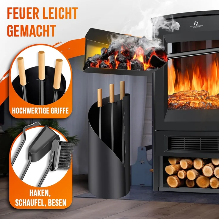 KESSER® Kaminbesteck Set 4-teiliges Kaminzubehör – Modern Design, beschichtet, Hochwertige Kamingarnitur aus 4 Teilen: Besen, Schaufel, Schürhaken, Ständer Stahl Edelstahlgriffe Anthrazit – Bild 3