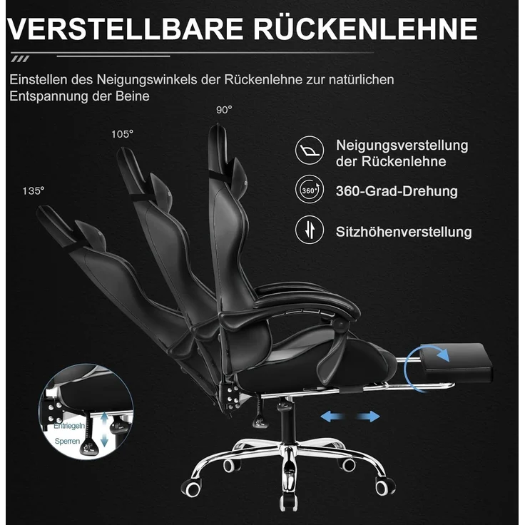 GTPLAYER Bürostuhl Gaming Stuhl Massage Gaming Sessel Ergonomischer Gamer Stuhl mit Fußstütze, Kopfstütze Massage-Lendenkissen, Gepolstert Gaming Chair, Drehsessel schwarz – Bild 5