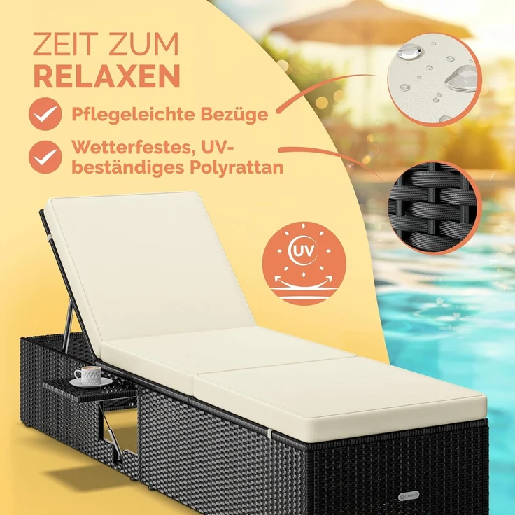Casaria Gartenliege mit Klapptisch, wetterfest, 7-fach höhenverstellbar, Polyrattan schwarz / creme, 200 x 58 x 33 cm – Bild 3