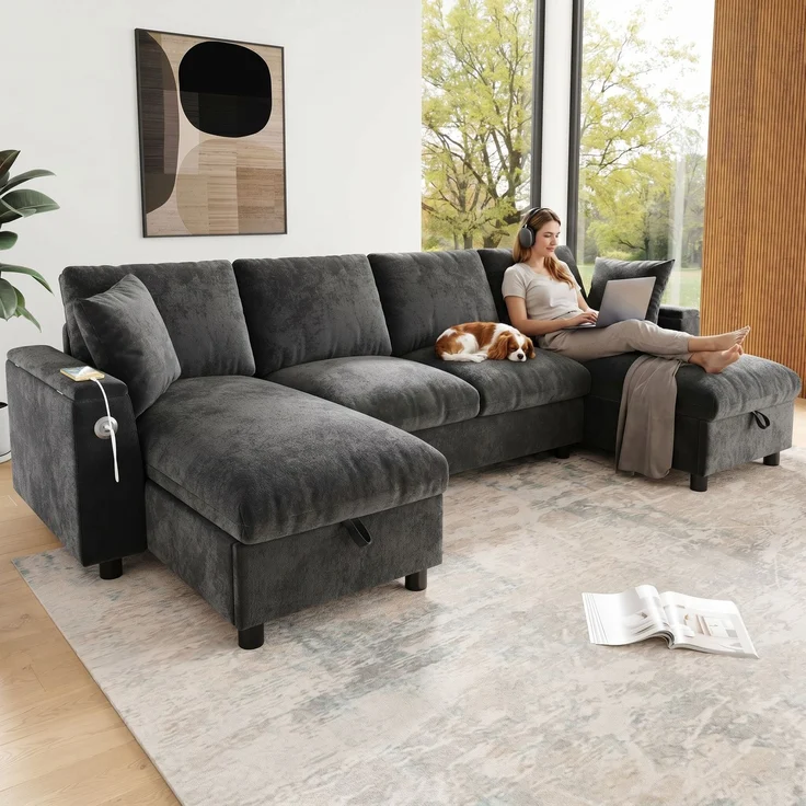Chenille-U-Sofa mit 2 Stauraum-Chaiselongues, USB und USB-C, gepolsterte modulare Wohnlandschaft 279 cm mit Taschenfederkern, Grau – Bild 3