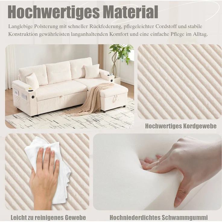 LVHOM Ecksofa mit Schlaffunktion L-Form, Schlafsofa mit Bettkasten, Loungesofa mit USB-C-Anschluss, Seitentaschen und Becherhaltern, Polstersofa aus Cord, Bettsofa ausziehbar 3 Sitzer – Bild 8