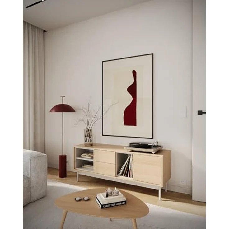 Selsey Tv Schrank - Modernes Tv Board Für Wohnzimmer, 138 cm, Lindberg-Eiche & Kaschmir, Stauraum Mit Schrank, 2 Schubladen, 3 Fächer, Hochwertiges Laminat, Metallfüße, Für Tv Bis 55 Zoll – Bild 4