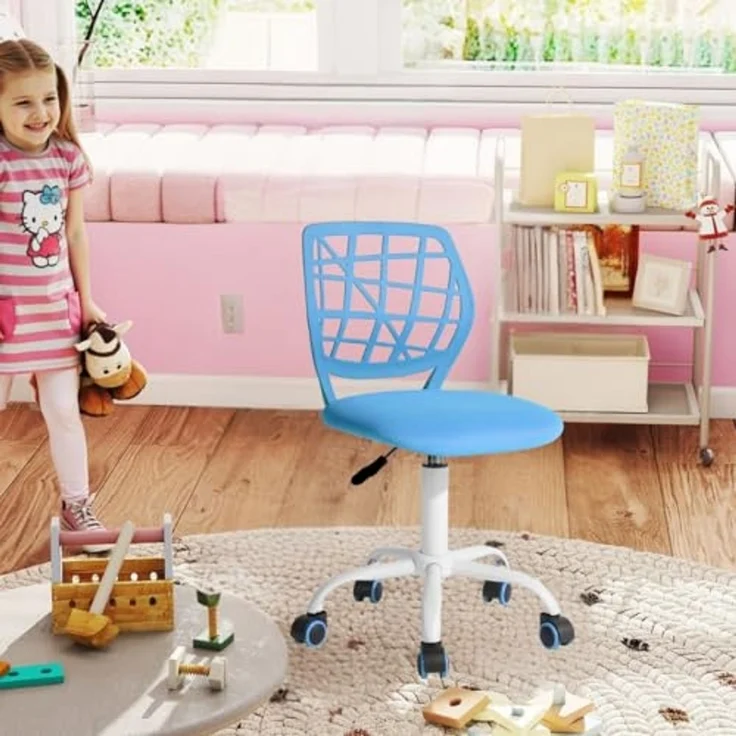 FurnitureR Kinder Schreibtischstuhl, höhenverstellbarer Drehstuhl mit kleinem Loch Rückenlehne Design, geeignet für Kinderzimmer oder Arbeitszimmer, blau I – Bild 1