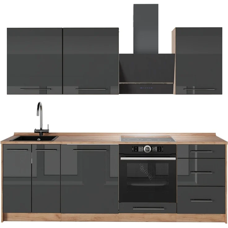 Küchenzeile Fame-Line Anthrazit Hochglanz/Goldkraft Eiche 230 cm, AP Eiche Vicco – Bild 1