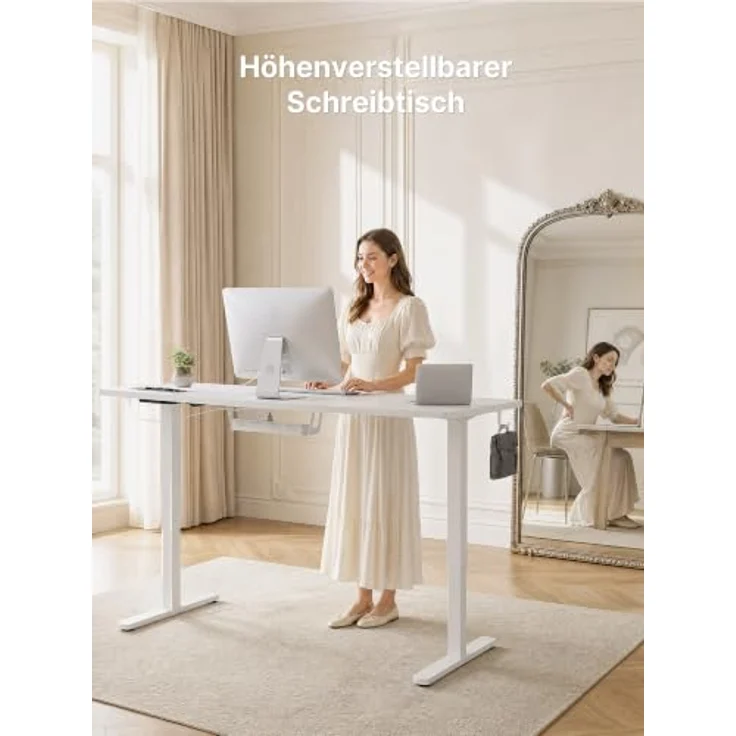 JUMMICO Höhenverstellbarer Schreibtisch 160x80 cm mit Steckdose | Schreibtisch Höhenverstellbar Elektrisch Stehtisch, Steh-Sitz Tisch, Bürotisch Computertisch, Wolkenweiß – Bild 2