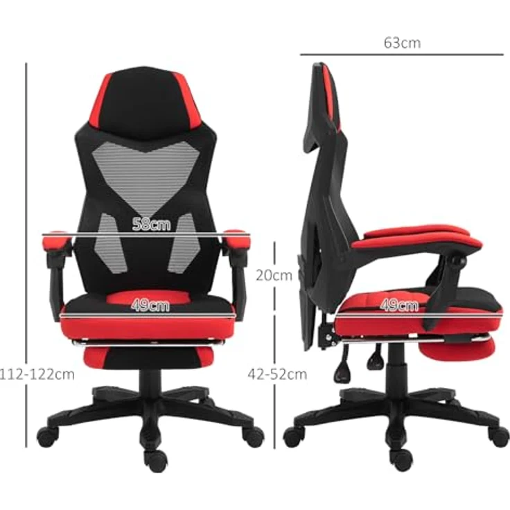 Vinsetto Bürostuhl mit Fußstütze, Höhenverstellbar, Ergonomisches Design, Rot & Schwarz – Bild 3
