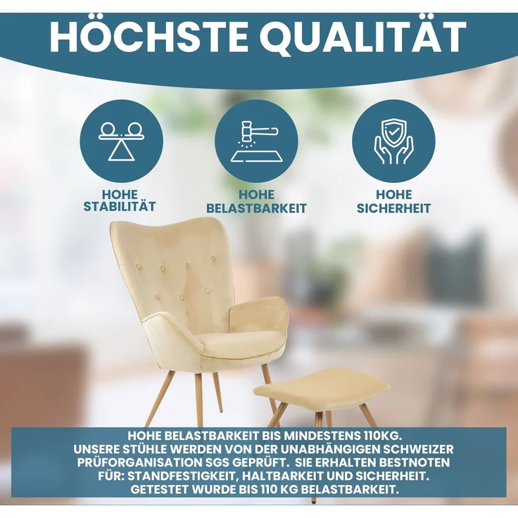 Albatros Ohrensessel mit Hocker YORK, Samt Bezug, bequem gepolstert, Fernsehsessel, Polstersessel, Farbe Ohrensessel:Beige – Bild 3