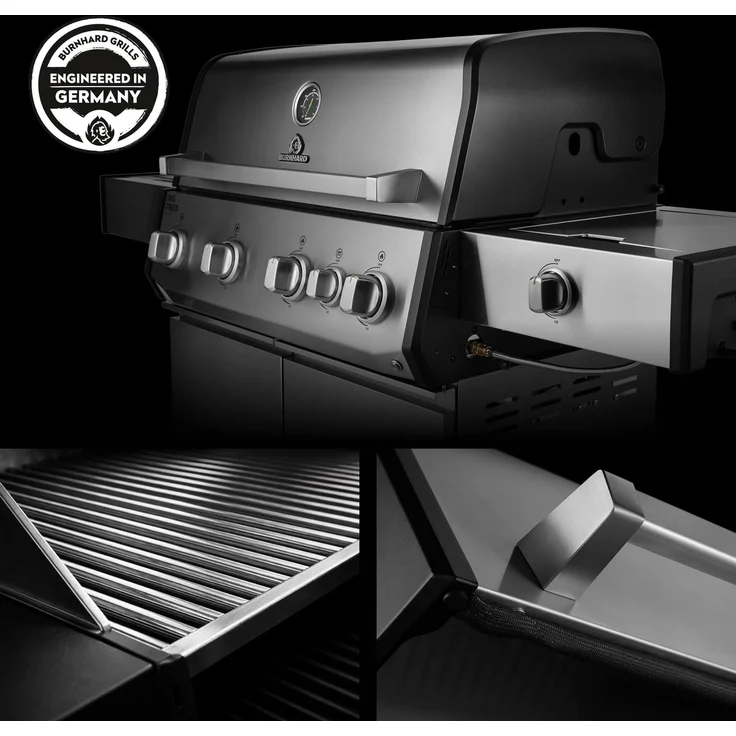 BURNHARD® Gasgrill 4-Brenner, 21,2 kW Gesamtleistung, Infrarot-Keramikbrenner, Seitenkochfeld, Edelstahl, Edelstahlrost, große Grillfläche, Piezo-Zündung – Big FRED Deluxe - Silber - #947139 – Bild 6