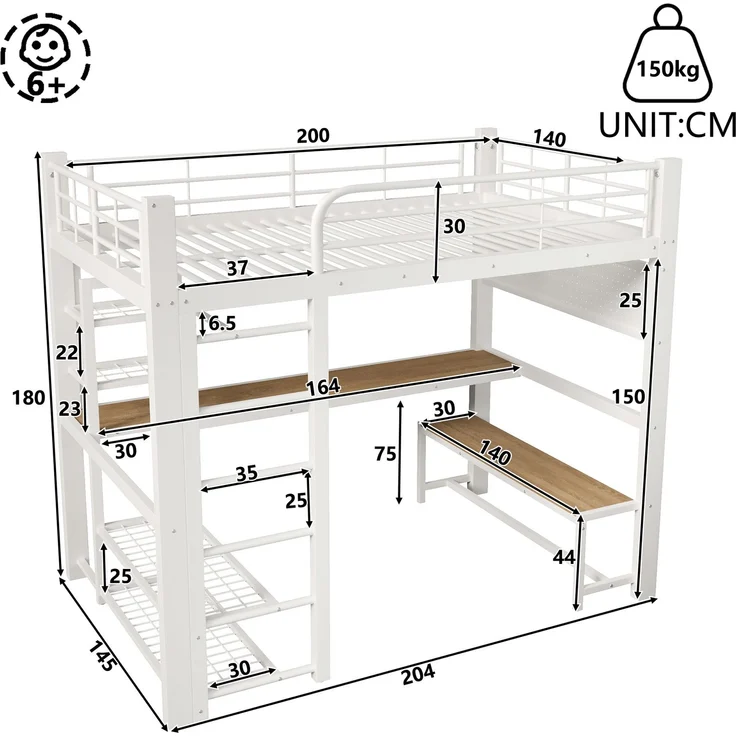 U-life Hochbett 140x200 cm, für Jugendliche, Gitter, LED-Beleuchtung, Treppenkonstruktionen, Praktisches Stauraumsystem, Metall, Weiß – Bild 5