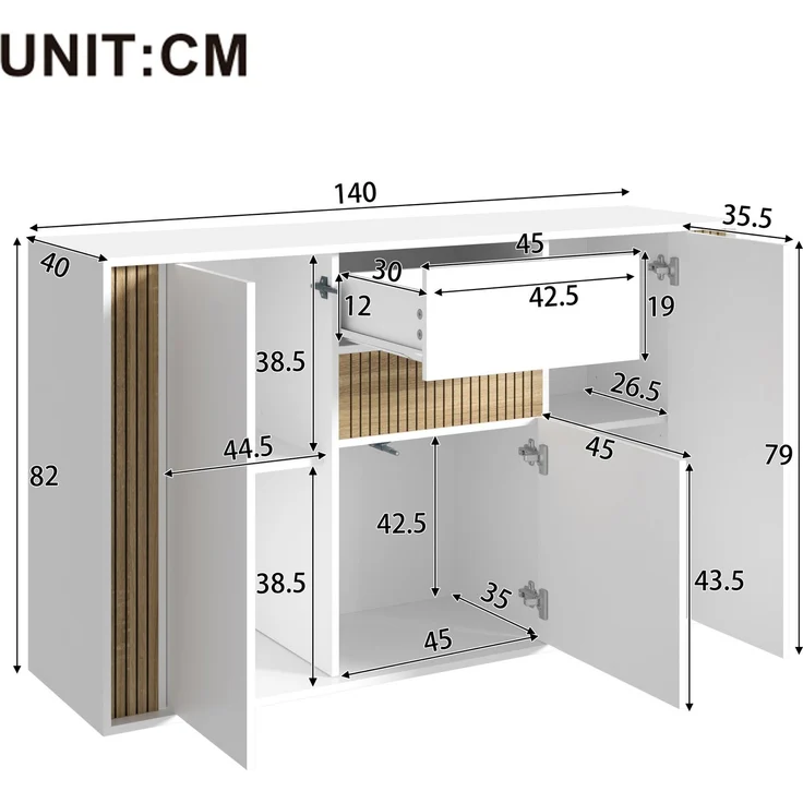 DESVIAE Sideboard Natur/Weiß aus Spanplatte – 140x82x40 cm – 3 Türen, Schublade, LED-Beleuchtung – Bild 10