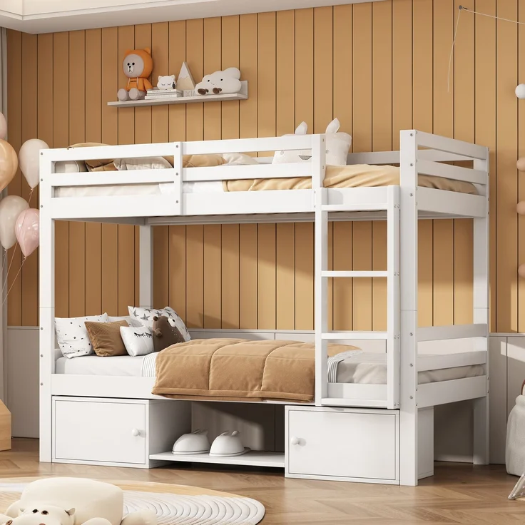 Bett 90x200 cm, teilbar in 2 Einzelbetten mit integriertem Stauraum und Schuhregalen – weißes Etagenbett für Kinder und Jugend – Bild 7