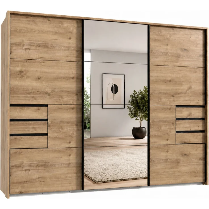 Schwebetürenschrank Kleiderschrank 3trg 273cm Eiche Dekor Spiegel u Passepartout – Bild 1
